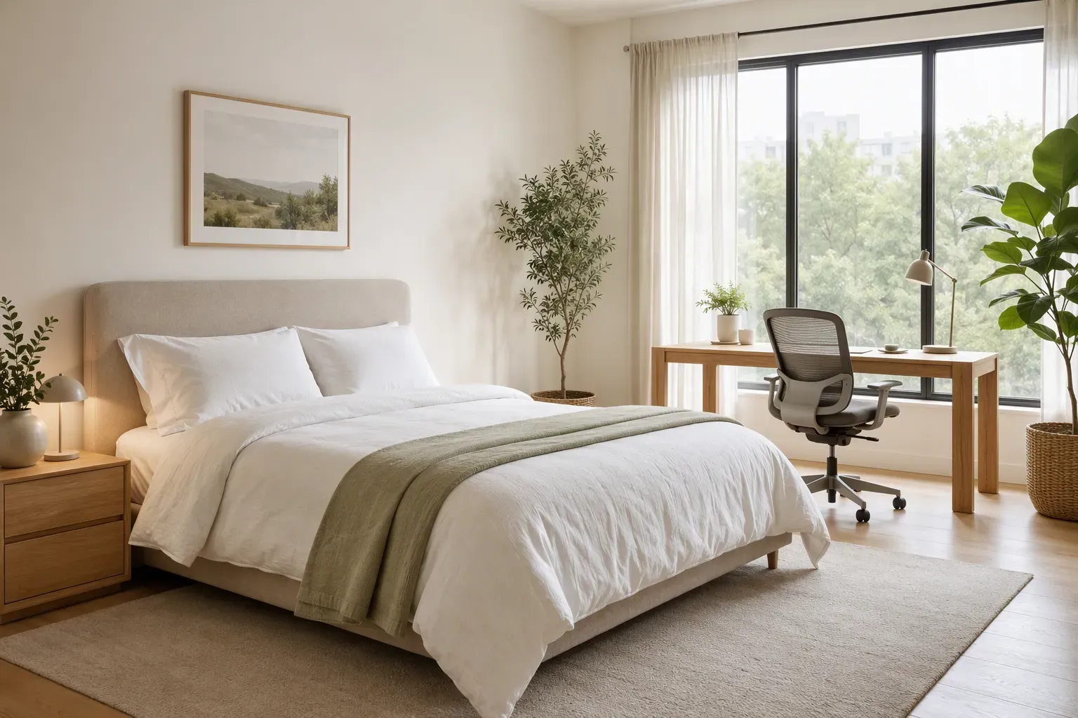 Quarto claro com cama arrumada e um canto de trabalho com mesa e cadeira junto à janela